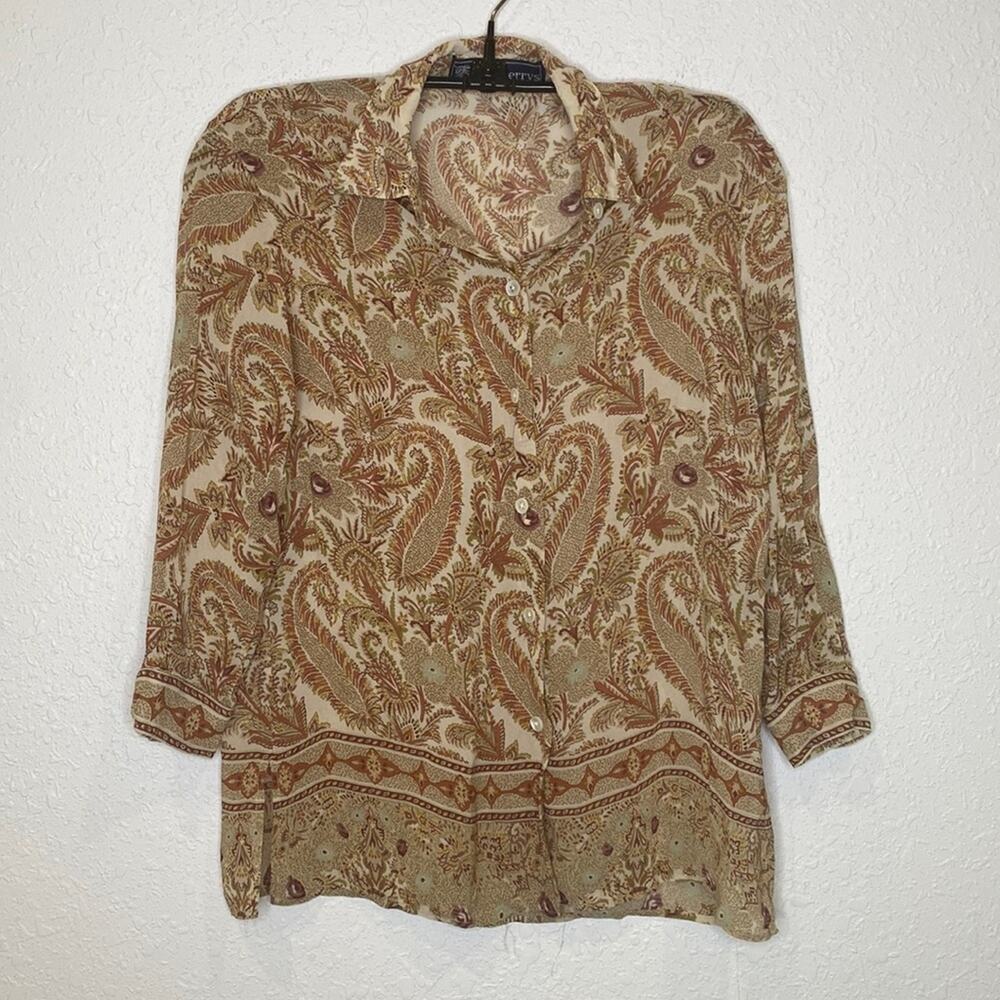 Burberrys Vintage Paisley Rayon Button Down 3/4 Sleeve Blouse EUC Sz Sm Petite